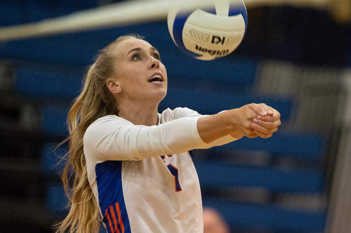 Gulfport’s Brooklynn Montana bumps the ball during a volleyball match against Ocean Springs at Gulfport High School in Gulfport on Tuesday, Oct. 4, 2022.