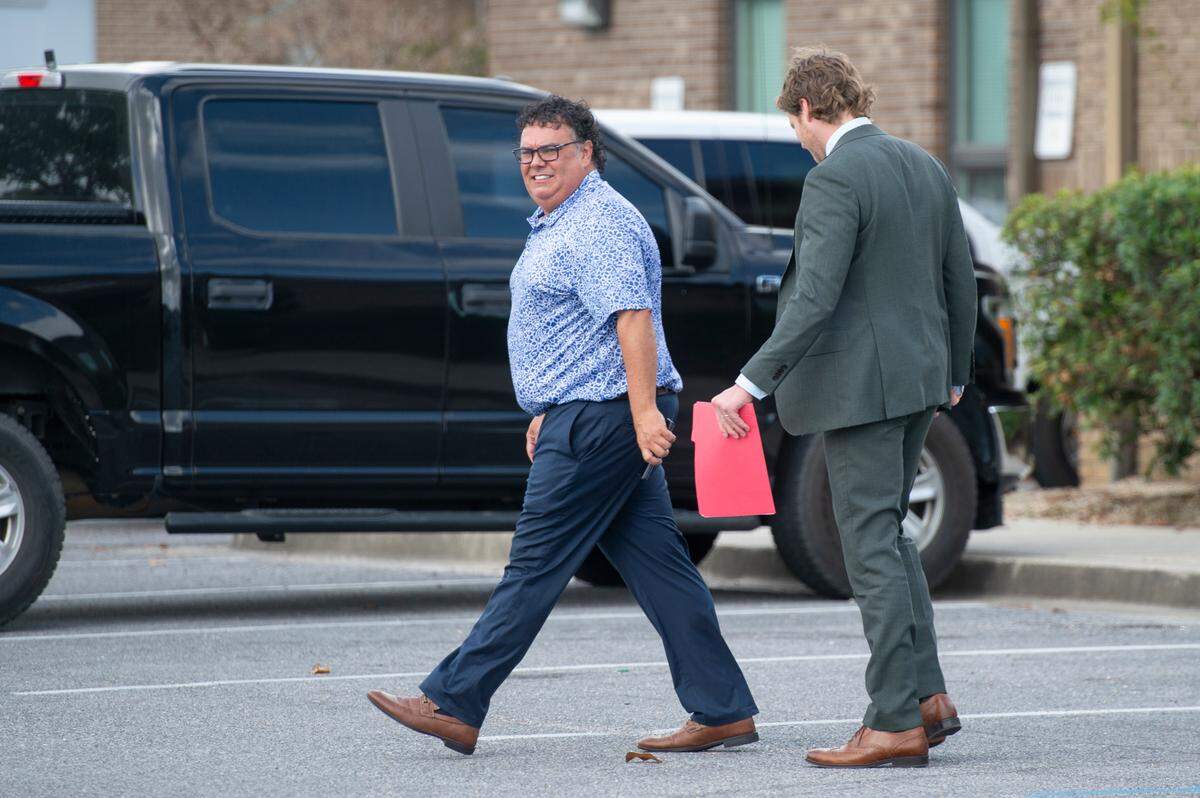 Gautier Mayor Casey Vaughan and his attorney Cameron McCormick leave Jackson County Justice Court in Ocean Springs on Wednesday, Oct. 30, 2024, after a judge dismissed misdemeanor charges against Vaughan during a probable cause hearing. Linda Anderson, the wife of Councilman Rusty Anderson, previously signed charges of disturbing the peace, public drunk and disorderly conduct against Vaughan after an argument with her during a Sept. 6 concert at The Sound amphitheater.