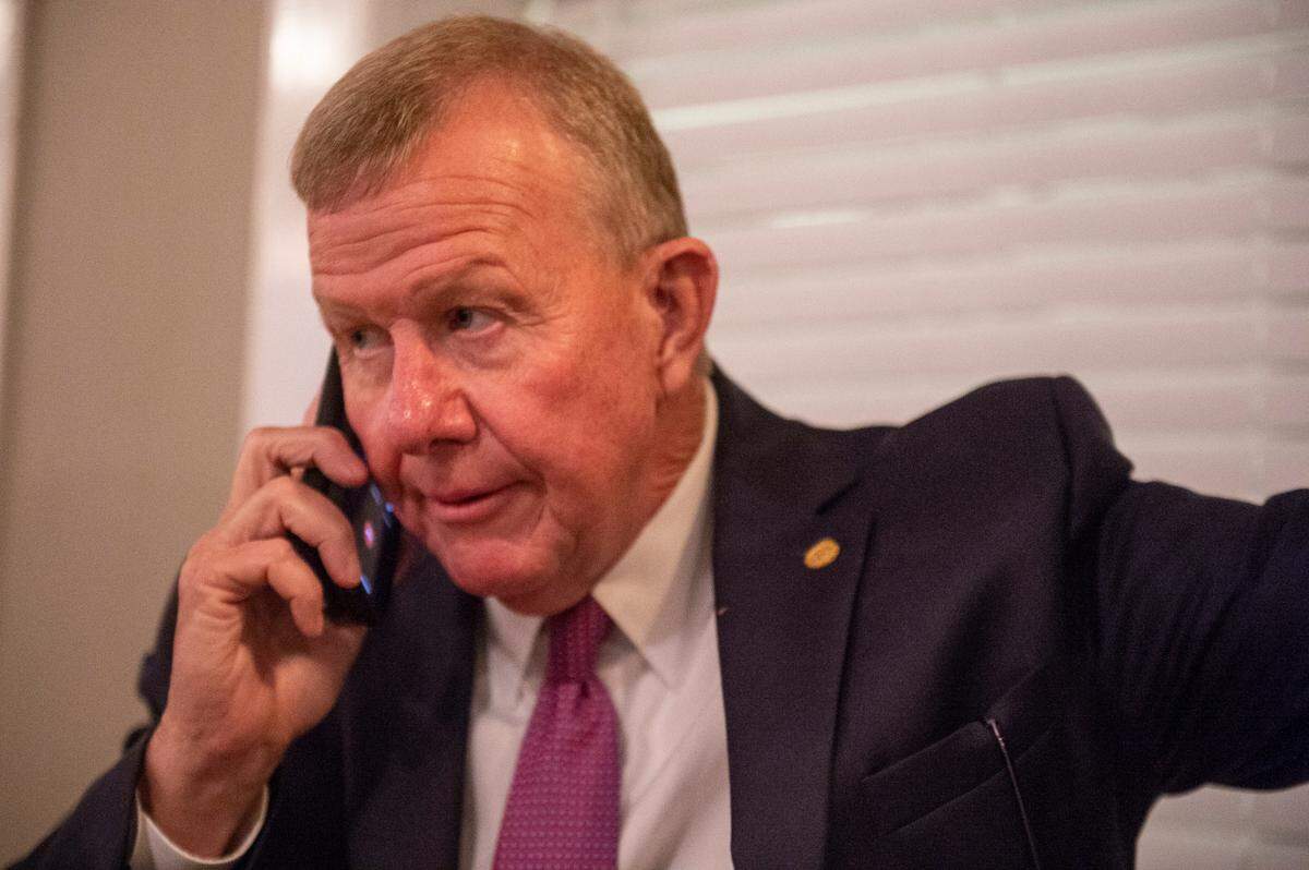 Sheriff Mike Ezell receives a concession phone call from his opponent Rep. Steven Palazzo after winning the primary runoff election for Mississippi’s 4th Congressional District at The Grand Magnolia Ballroom in Pascagoula on Tuesday, June 28, 2022.