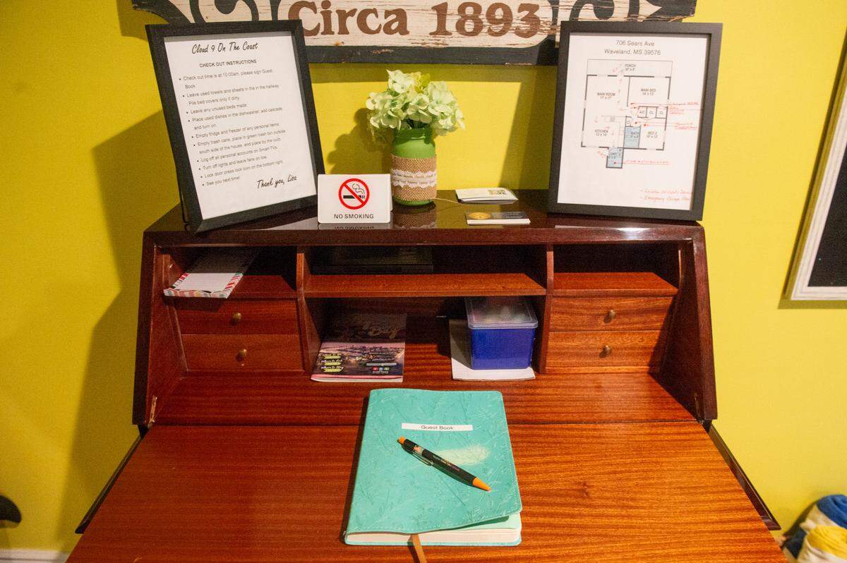 A floor plan of Lisa C. Johnson and Maria V. Perez’s short term rental sits on a desk at the Waveland accommodation on Friday, Jan. 31, 2025. Waveland’s ordinance on short term rentals requires short term rentals to have floor plans and emergency escape plans, among other rules.