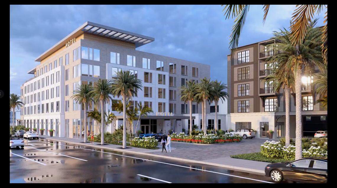 The planned Gulfport Town Center, seen from U.S. 49, shows a Tribute Portfolio by Marriott, left, and luxury apartments on the right.