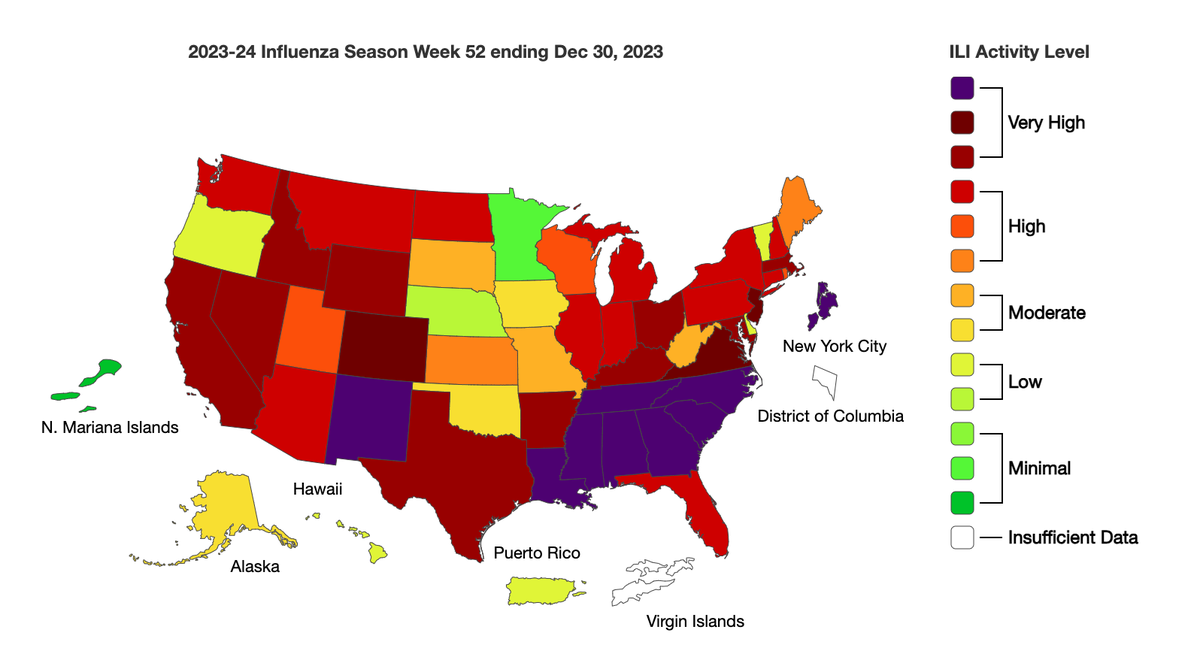A CDC map shows states from Louisiana to North Carolina had “very high” levels of flu-like illnesses at the end of 2023. “ILI” stands for influenza-like illness.