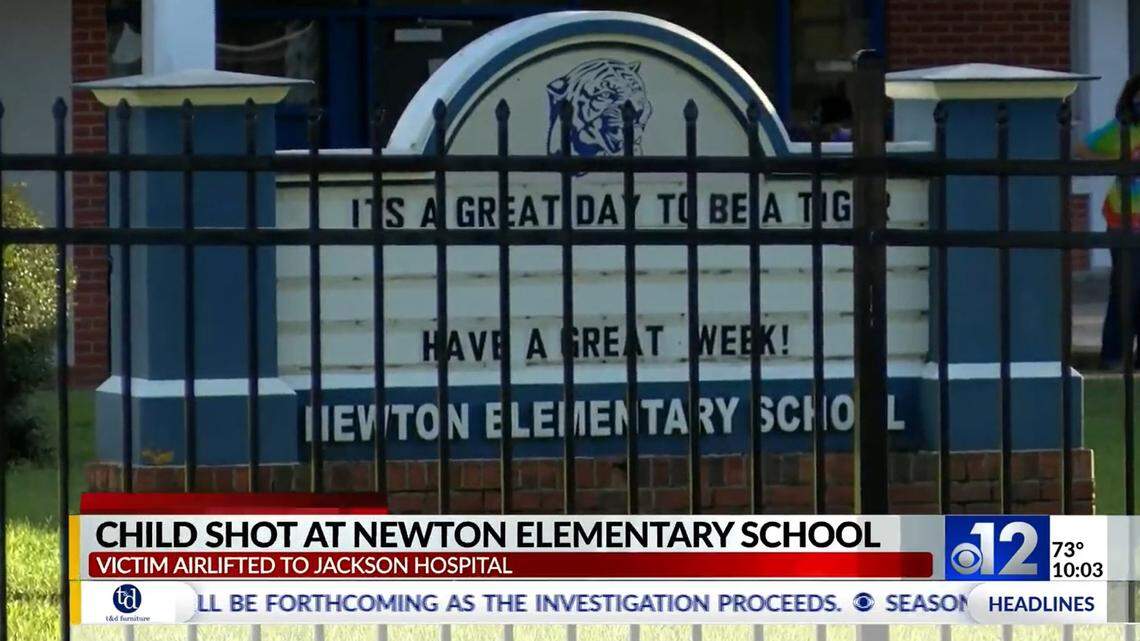 A Newton Elementary School student was shot in the leg at school after a gun discharged from another student’s book bag, Mississippi officials said.