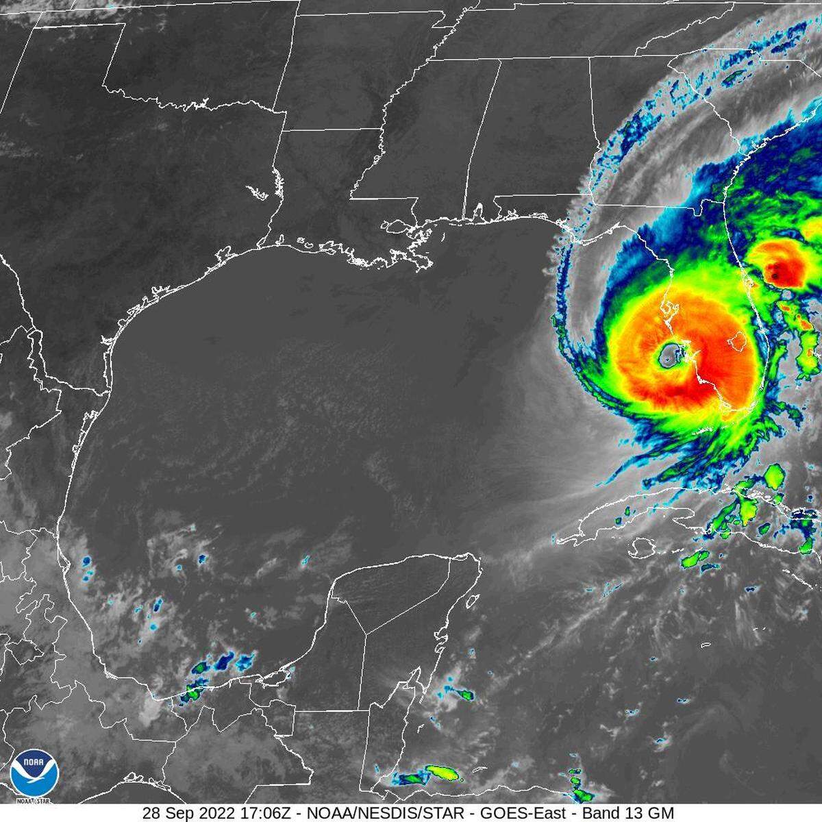 The infrared satellite image shows Hurricane Ian making landfall Wednesday afternoon near Fort Myers, Florida, which is being battered with high winds, storm surge and flooding.
