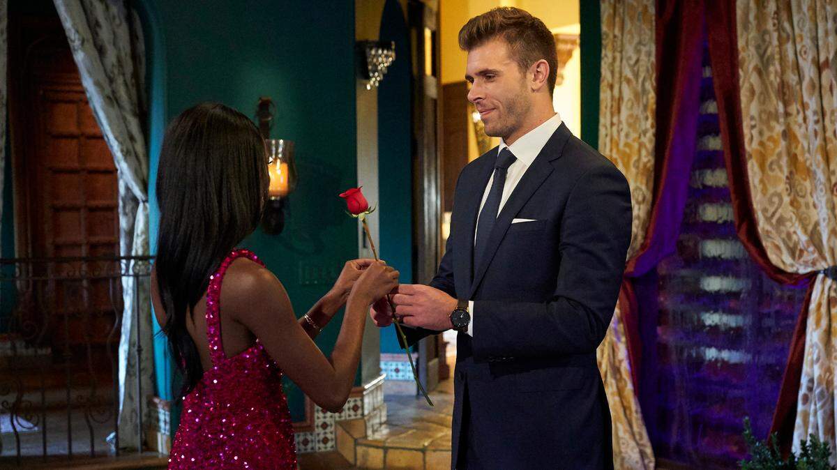Charity Lawson accepts a rose from Zach Shallcross on the first episode of “The Bachelor” on ABC.