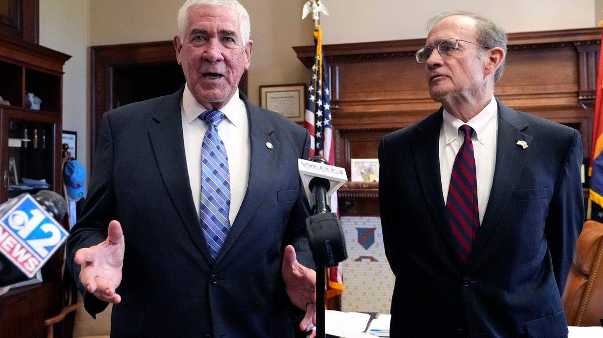 Mississippi Republican Lt. Gov. Delbert Hosemann, right, listens Thursday as Senate Medicaid Committee Chairman Sen. Kevin Blackwell, R-Southaven, provides details on the body’s passing a Medicaid expansion bill at the state Capitol in Jackson.