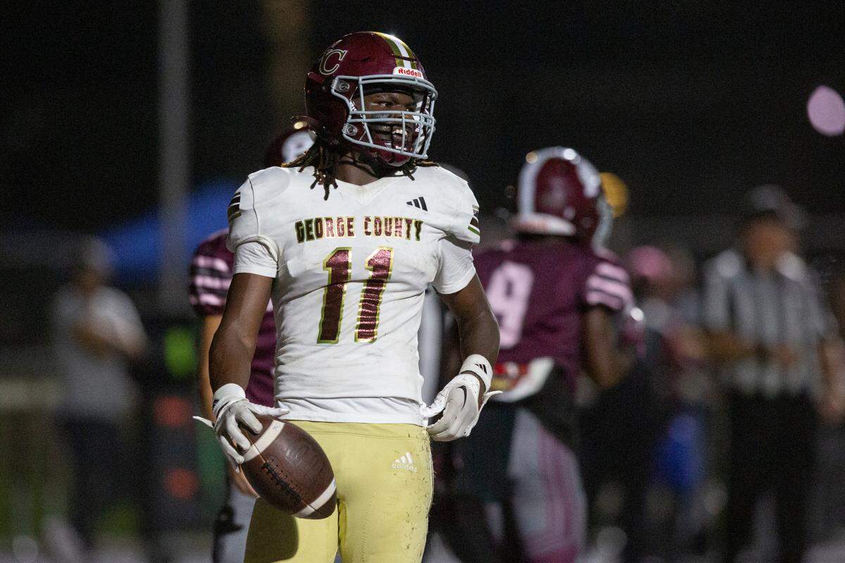 George County’s Brenn Moody reacts after scoring a touchdown during a game between George County and Picayune at Lee-Triplett Stadium in Picayune on Friday, Nov. 1, 2024.