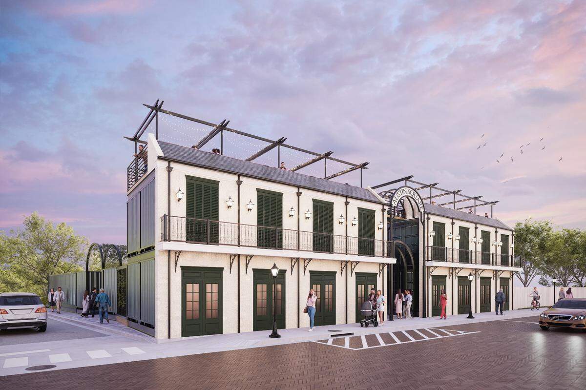 The exterior of Austin Square has traditional French Quarter style, while hidden inside are a lively courtyard with shops, a speakeasy and a rooftop bar.