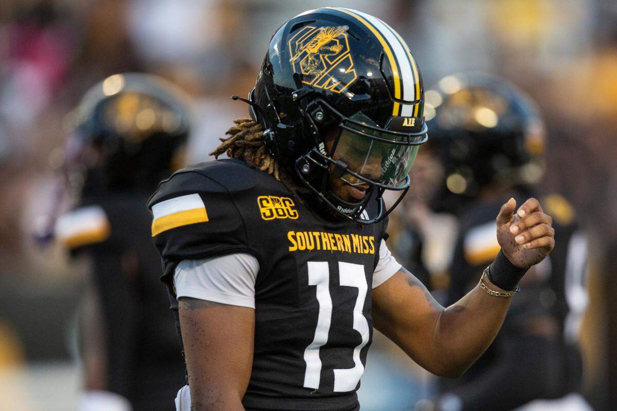 Southern Miss Golden Eagles defensive back Will James (13) reacts after a play during a game between Southern Miss and Southeastern Louisiana at M.M. Roberts Stadium in Hattiesburg on Saturday, Sept. 7, 2024.
