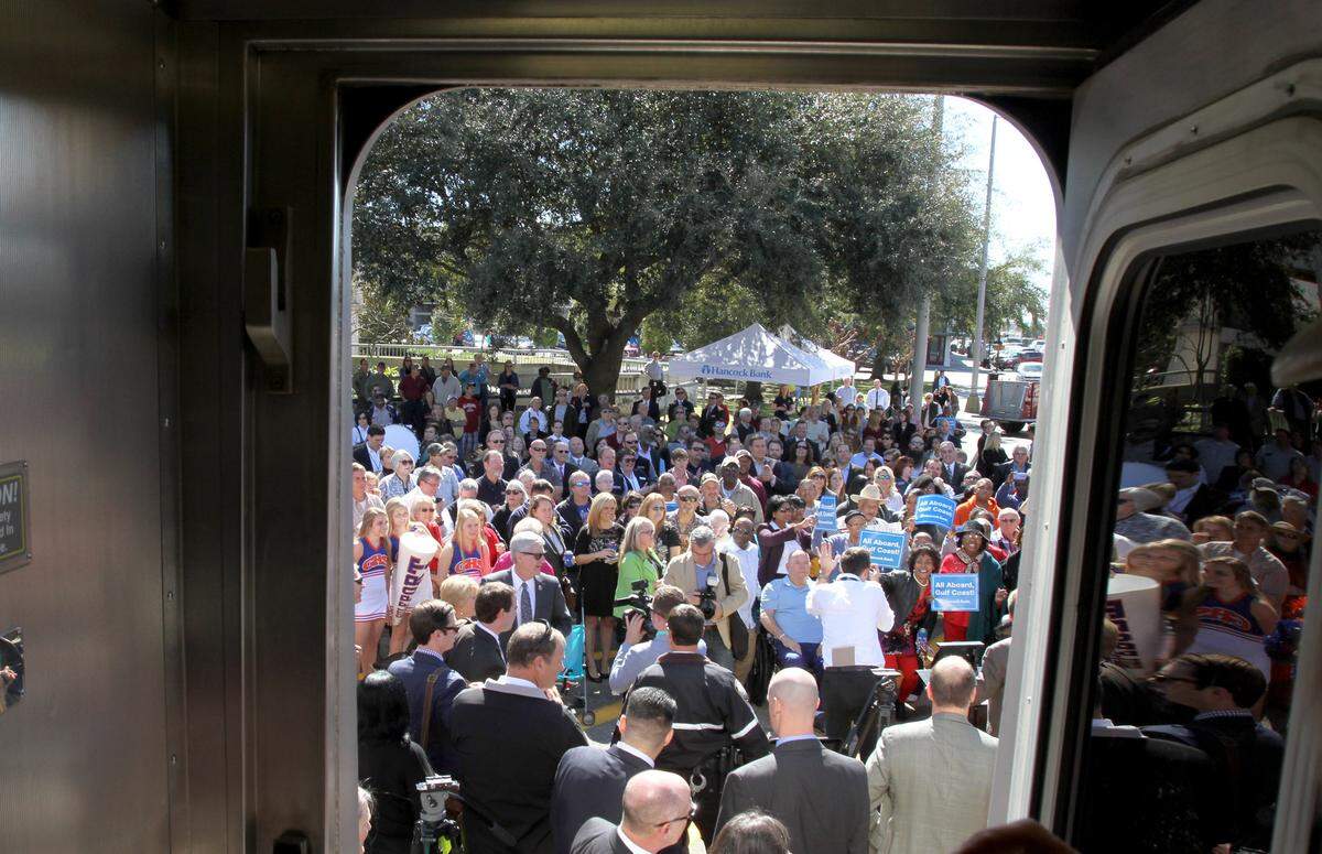 The Amtrak Inspection Train leaves Gulfport Depot, heading for its next stop in Biloxi, Thursday, Feb. 18, 2016.