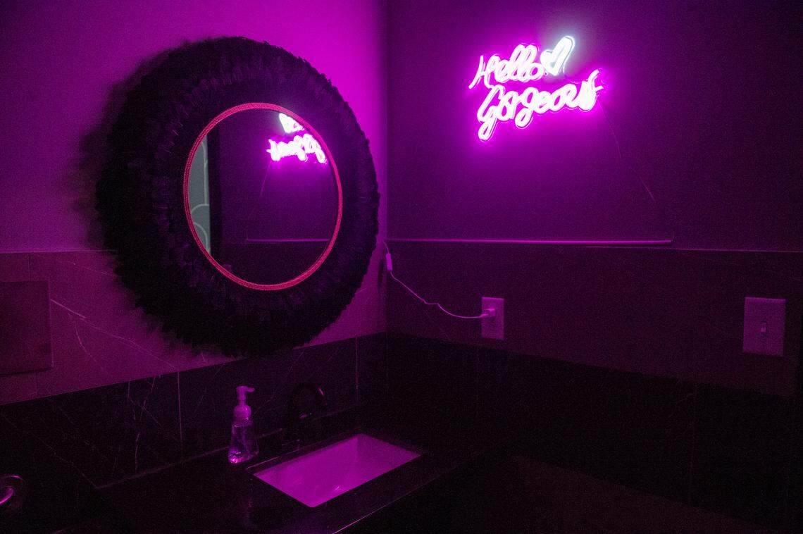 A public restroom near the lobby at The Bella, a boutique hotel in Biloxi, on Wednesday, Sept. 13, 2023.