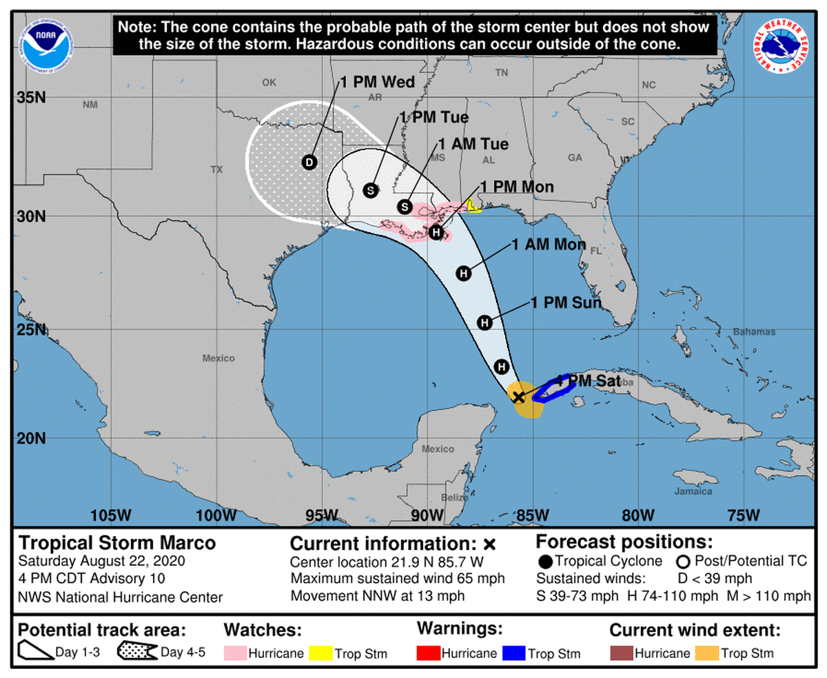 Track for Tropical Storm Marco as of 4 p.m. Saturday