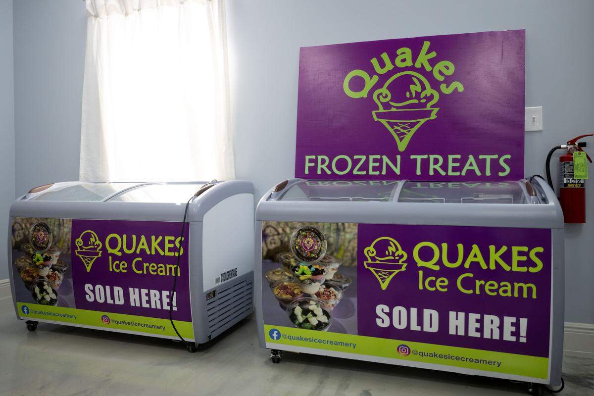 Chests freezers with the distinctive Quakes Ice Creamery logo are ready to go to convenience stores and other places the ice cream is sold across the Gulf Coast.