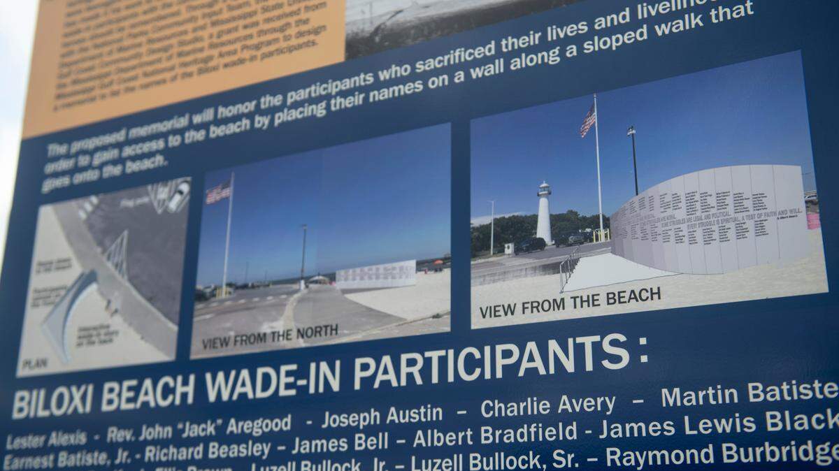 A sign listing all the participants of the Biloxi wade-ins stands on Biloxi Beach on Thursday, Nov. 7, 2024, where a future monument will be built. The sign depicts what the memorial will look like.