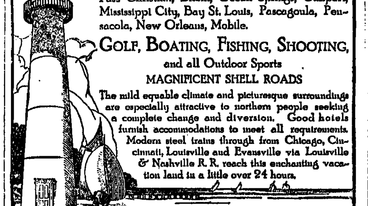 A common national Roaring ‘20s advertisement from the Louisville & Nashville Railroad touted Coastal Mississippi as the Riviera of America. This ad was published in newspapers in areas where L&N supplied passenger service.
