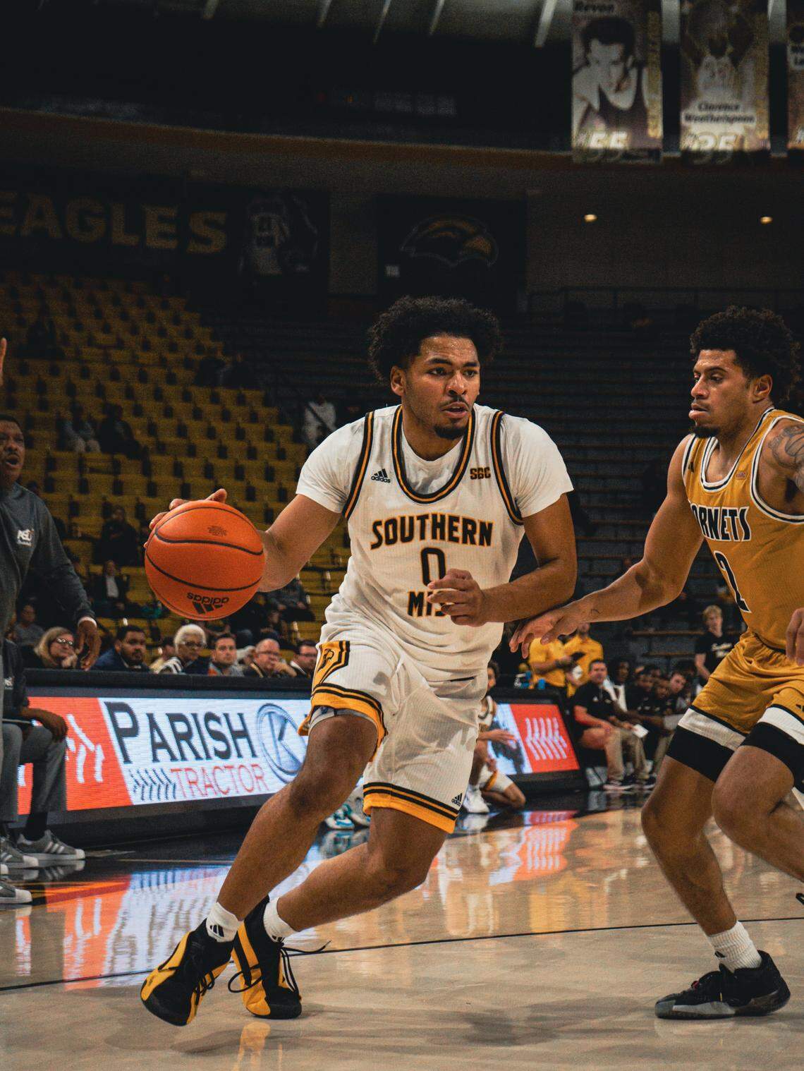 Alfred Worrell Jr. drives to the basket for Southern Miss against Alabama State on Dec. 5, 2024. An indictment unsealed Thursday contains accusations that Alabama State players attempted to point-shave in the game.