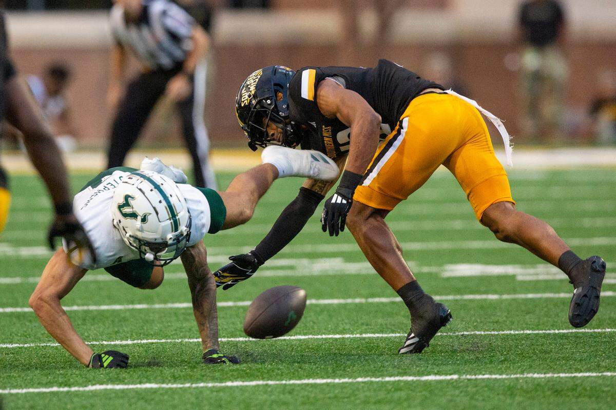 Southern Miss Golden Eagles cornerback Ques McNeal (12) knocks the ball out during a game between Southern Miss and South Florida at M.M. Roberts Stadium in Hattiesburg on Saturday, Sept. 14, 2024.