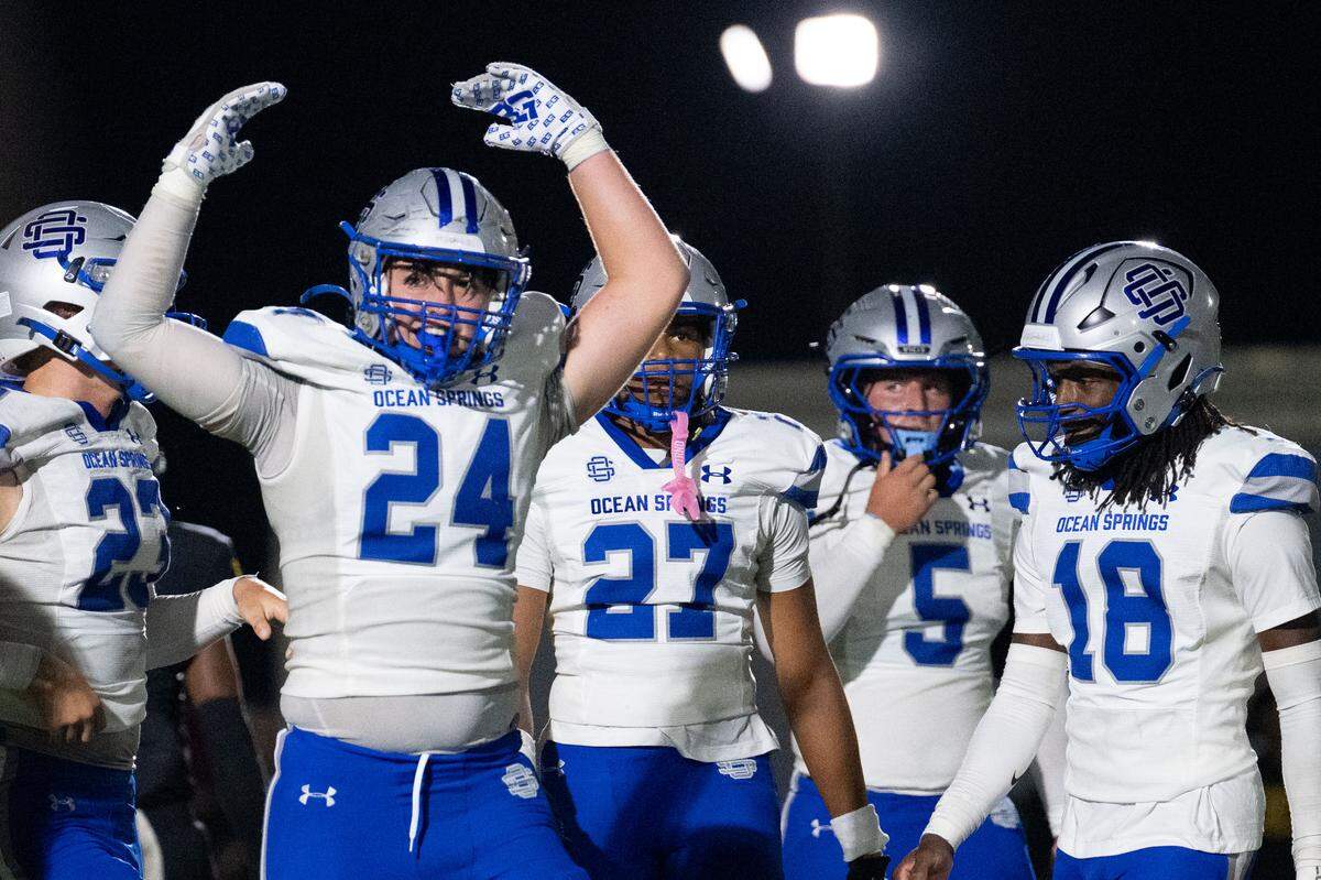 Ocean Springs linebacker Peyton Jones (24) celebrates a sack during a football game at Buddy Singleton Field on Friday, Oct. 10, 2025.