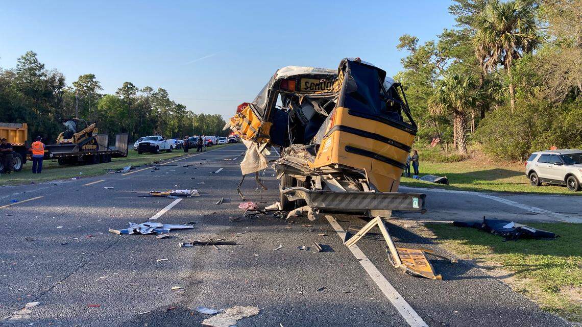 Five students were taken to a hospital after a tractor trailer crashed into their school bus in Levy County, Florida, on March 30, state troopers say.