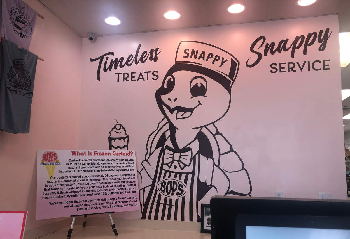 Bop’s Frozen Custard’s mascot, Snappy, on the wall at Bop’s in D’Iberville on Thursday, Aug. 17, 2023.