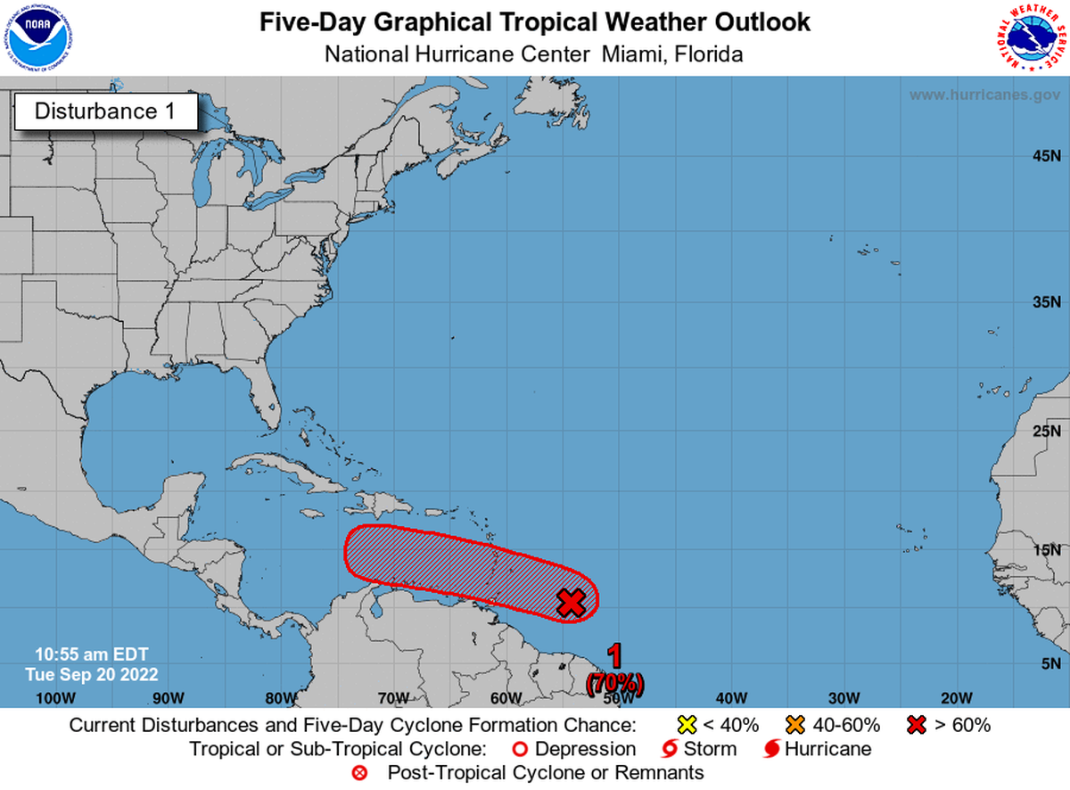 A tropical wave in the Atlantic is expected to develop into a tropical depression as it moves into the Caribbean Sea.
