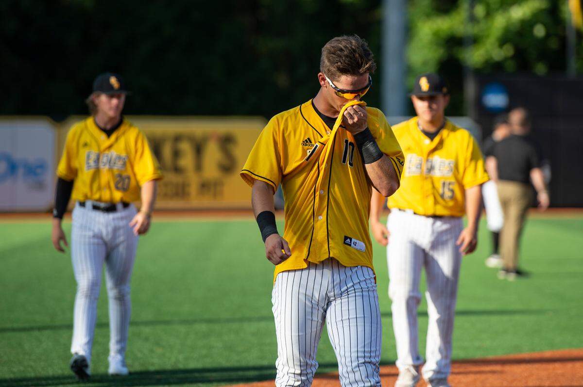 Dustin Dickerson reacts after losing their chance at going to the College World Series during the Super Regionals Final at Pete Taylor Park in Hattiesburg on Sunday, June 12, 2022.