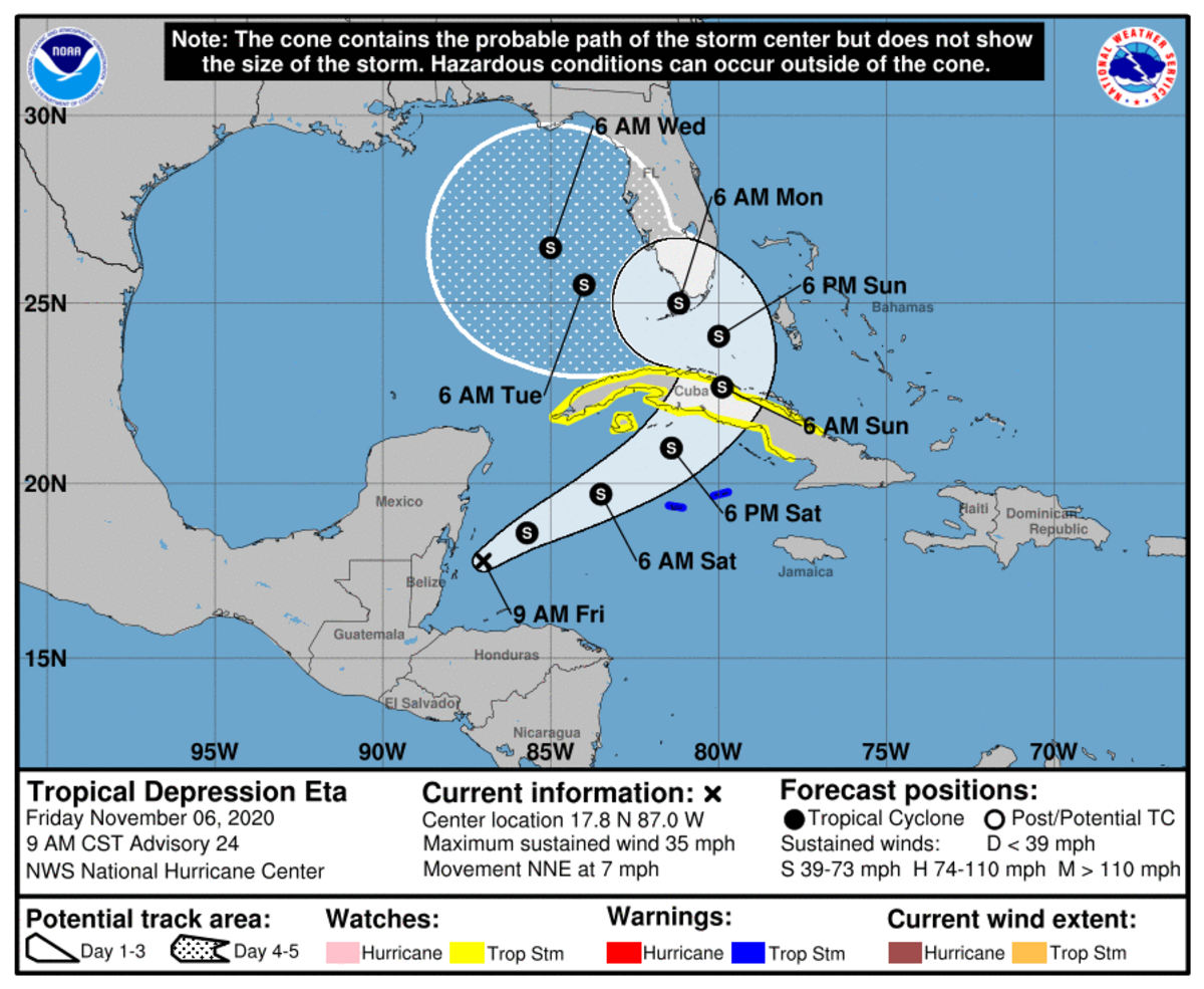 Hurricane Eta track at 9 a.m. on Nov. 6, 2020. The National Hurricane Center forecasts that if Eta brings any effects to the Mississippi Gulf Coast, it won’t happen until the end of next week.