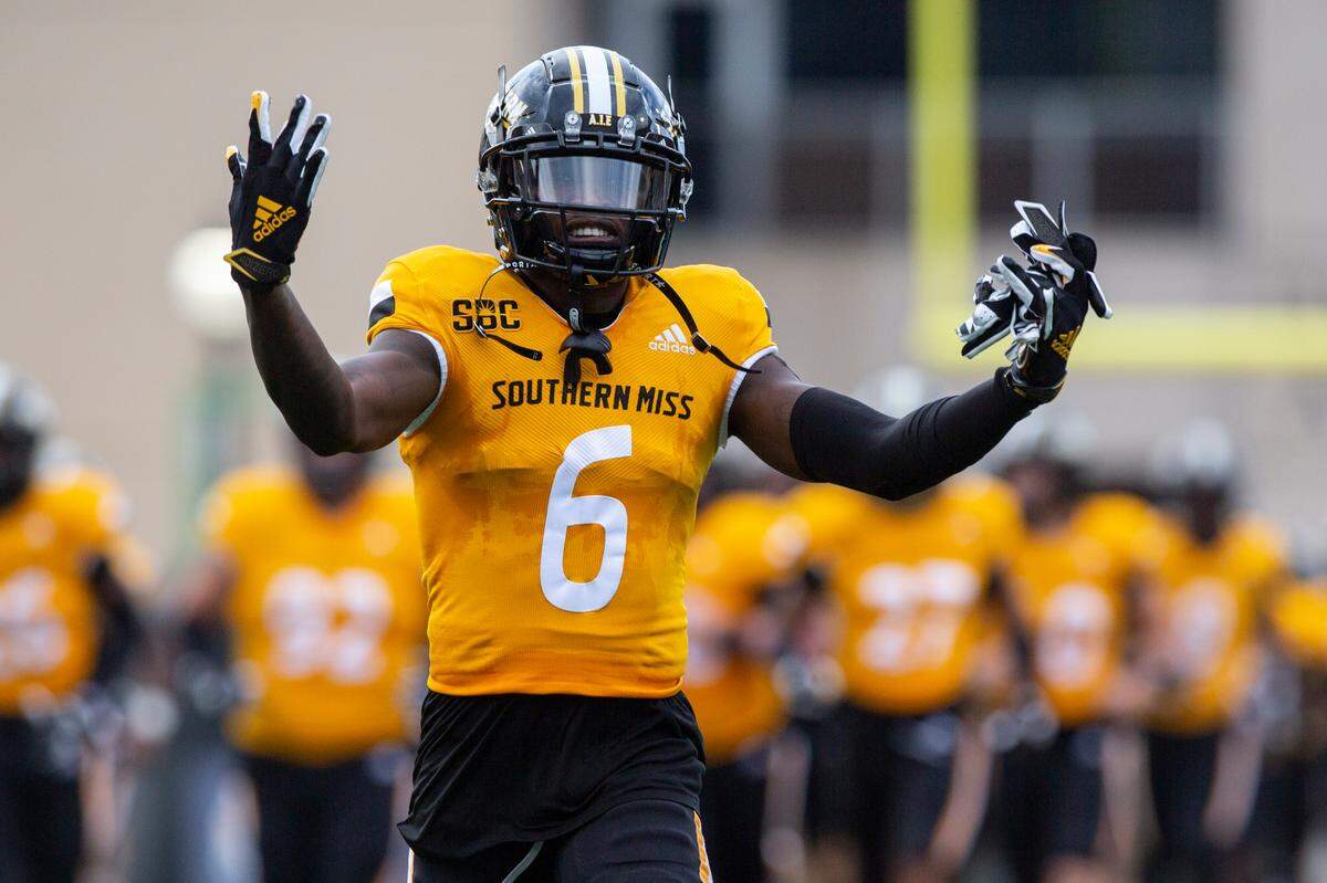 Southern Miss Golden Eagles wide receiver Latreal Jones (6) celebrates before a Southern Miss game at M.M. Roberts Stadium in Hattiesburg on Saturday, Sept. 2, 2023.