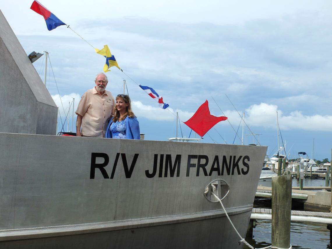 Fisheries scientist Jim Franks, the longest-serving employee of USM’s Gulf Coast Research Laboratory in Ocean Springs, stands with Jill Hendon in 2016 at the dedication of the research vessel named after him. Hendon was proud to serve as benefactor at the dedication.