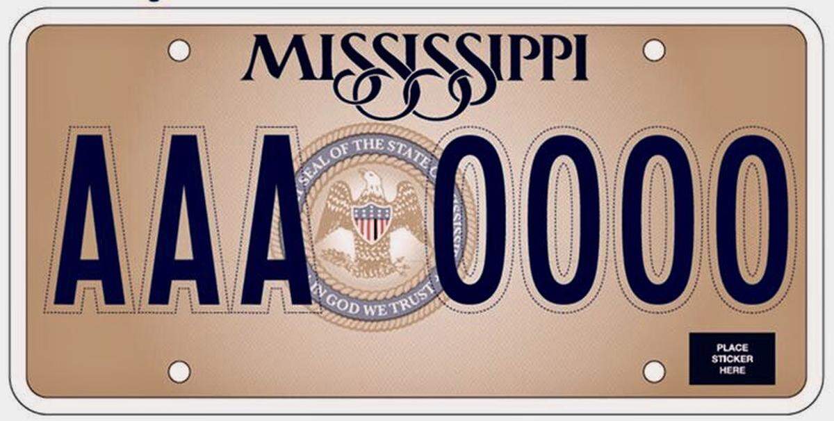 Mississippi’s license plate features the state seal with “In God We Trust,” which is off-center and a color many drivers in the state don’t like.