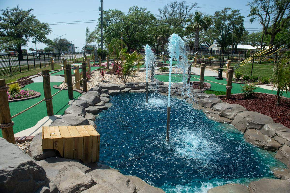 A water feature at the new Coastal Links mini golf course at Finishline Performance Karting in Biloxi on Friday, April 19, 2024.