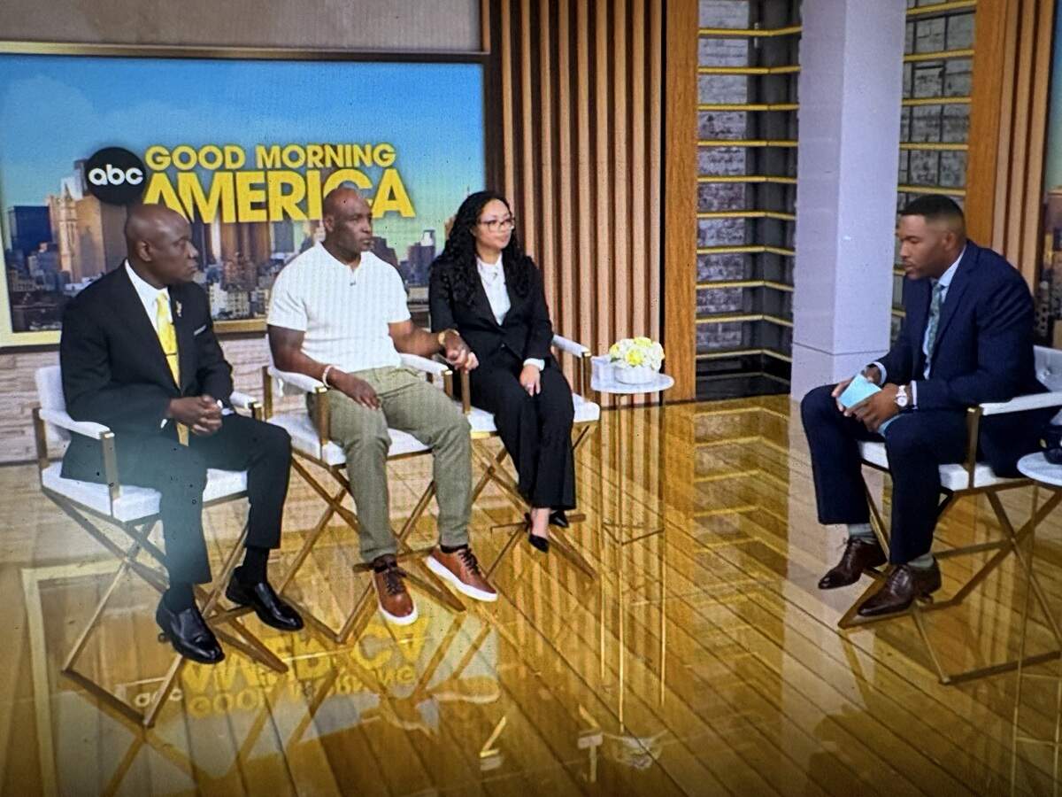 Host Michael Straham (right) spoke Friday with civil rights attorney Ben Crump (from left), Elmore and Christine Wonsley.