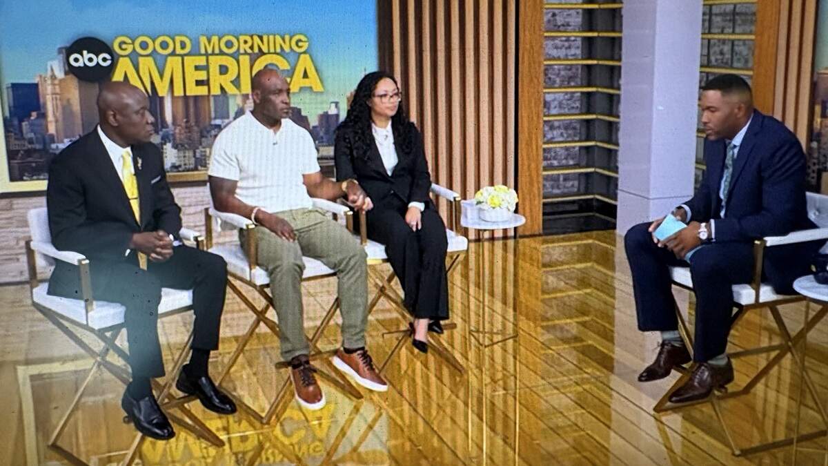 Host Michael Straham (right) spoke Friday with civil rights attorney Ben Crump (from left), Elmore and Christine Wonsley.