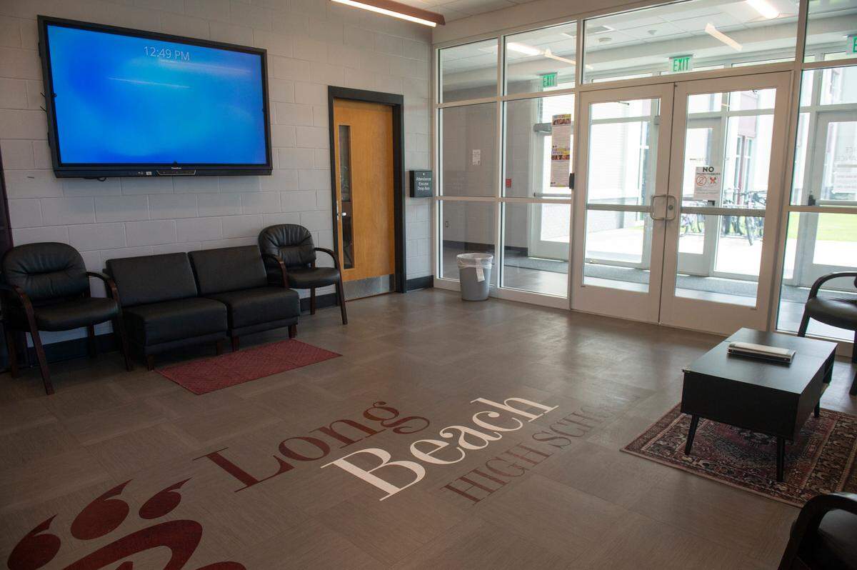 The lobby entrance to Long Beach High School in Long Beach on Thursday, Sept. 26, 2024. The lobby is locked and visitors have to be buzzed in the main entrance as well as the doors that lead from the lobby.