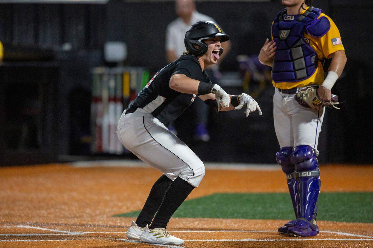 Christopher Sargent celebrates after scoring a home ruin during Game Four of NCAA Regionals against LSU at Pete Taylor Park in Hattiesburg on Saturday, June 4, 2022.