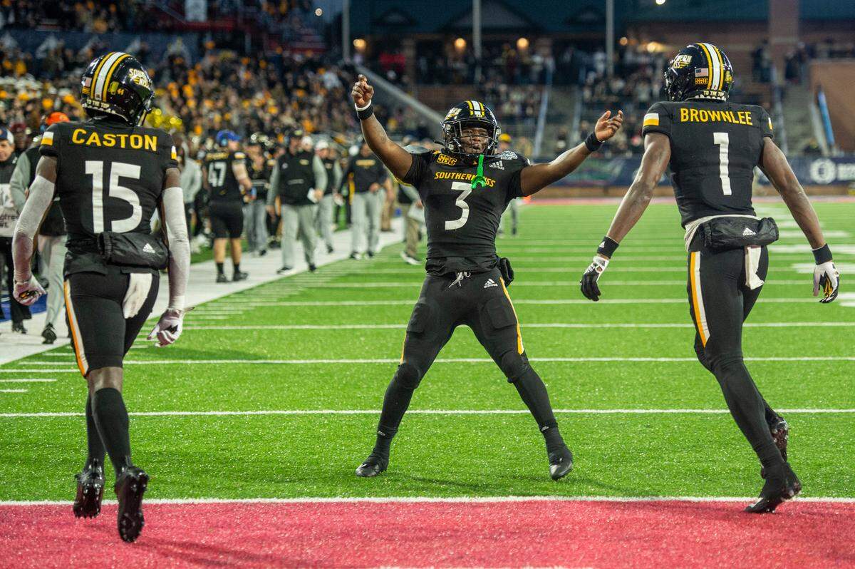 Southern Miss’ Frank Gore Jr. celebrates during the Lending Tree Bowl at Hancock Whitney Stadium in Mobile, Alabama on Saturday, Dec. 17, 2022.