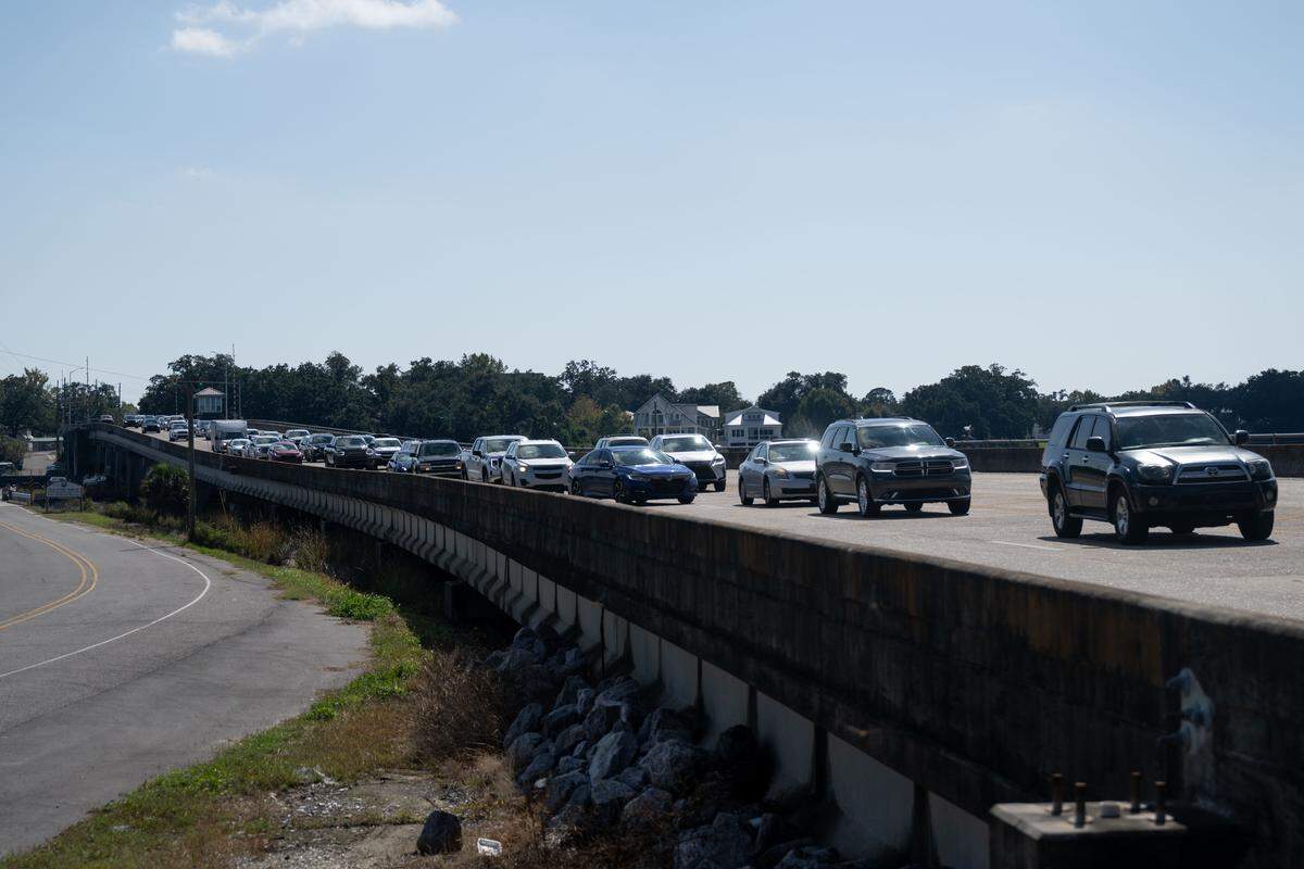 Traffic is backed up on the Fort Bayou Draw Bridge in Ocean Springs on Tuesday, Oct. 28, 2025.