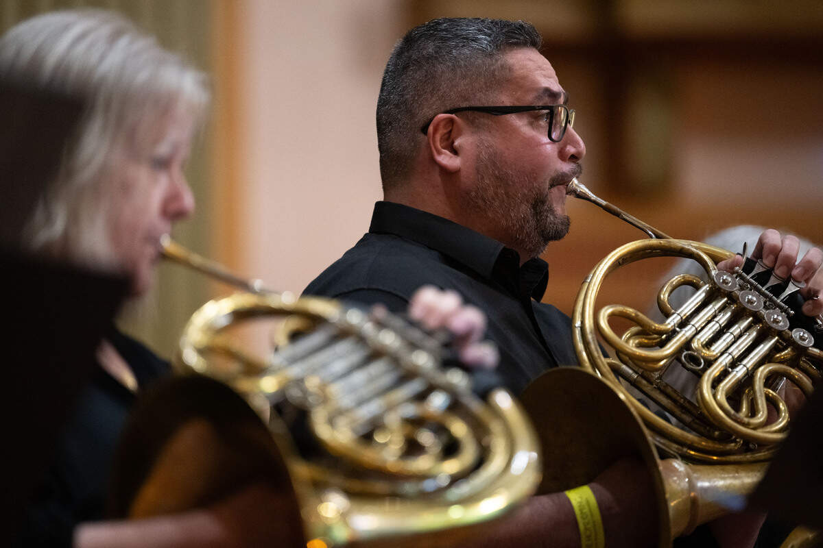 Members of the Biloxi Civic Orchestra play a fanfare song during a grand opening celebration at the Saenger Theatre in Biloxi on Saturday, June 6, 2026.