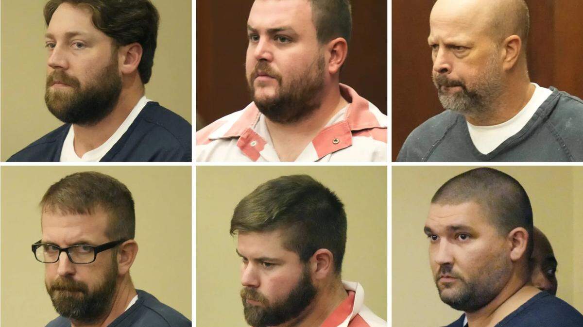 This combination of photos shows, from top left, former Rankin County sheriff’s deputies Hunter Elward, Christian Dedmon, Brett McAlpin, Jeffrey Middleton, Daniel Opdyke and former Richland police officer Joshua Hartfield appearing at the Rankin County Circuit Court in Brandon, Miss., Monday, Aug. 14, 2023. The six white former Mississippi law officers pleaded guilty to state charges on Monday for torturing two Black men in a racist assault that ended with a deputy shooting one victim in the mouth.