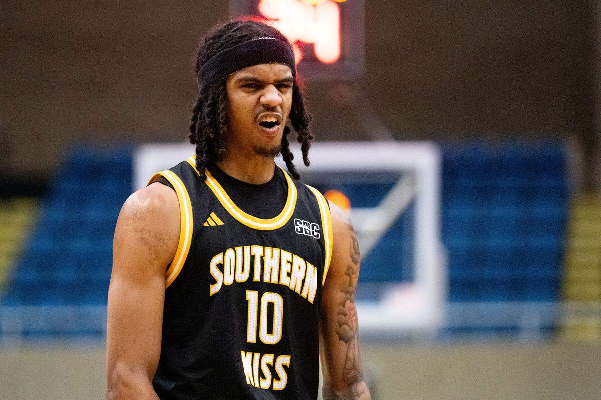 Southern Mississippi guard Isaac Taveras (10) reacts after scoring.