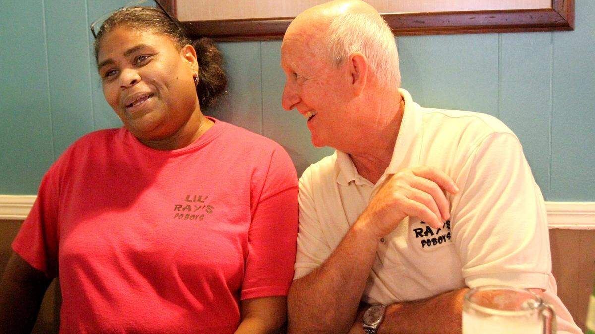 TIM ISBELL/SUN HERALDJackie Dixon, left, and David Kidd joke about their years together at Lil' Ray's in Gulfport on Tuesday.