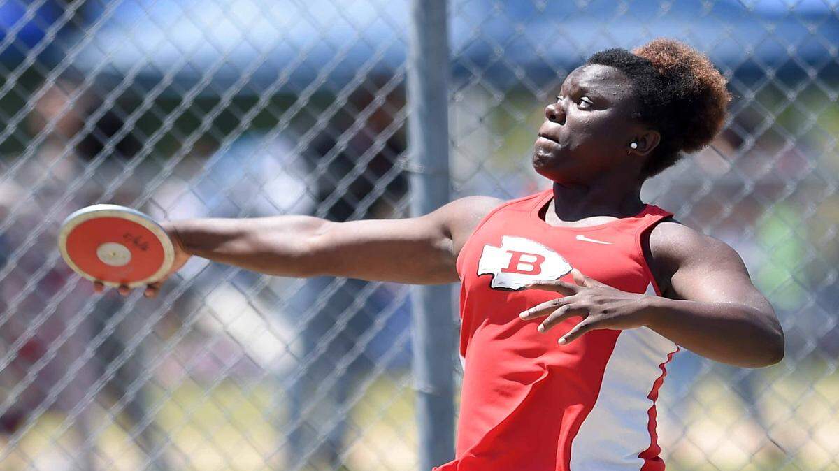 CHRIS TODD/SPECIAL TO THE SUN HERALD 
 Biloxi's Aneisha Bell throws in the Class 6A discus after wining the shot put on Friday, May 6, 2016, at the MHSAA Class 2A-4A-6A State Track Championships at Pearl High School in Pearl, Miss.