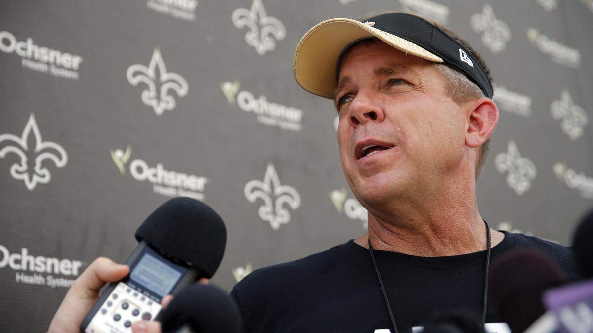 New Orleans Saints head coach Sean Payton talks to reporters after an NFL football practice in Metairie, La., Thursday, May 26, 2016. (AP Photo/Gerald Herbert)
