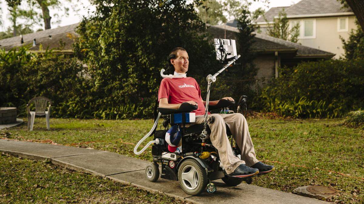 Steve Gleason, an ex-Saints player who has A.L.S., a motor-neuron disease that afflicts an estimated 20,000 Americans, at home in New Orleans on Dec. 29. Gleason learned he had A.L.S. after retiring from football; he has since formed a group that uses technology to help those with the disease. (Edmund D. Fountain/The New York Times)