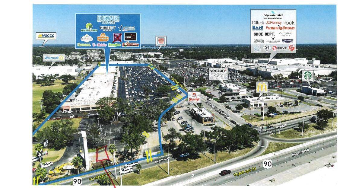 The red box in the bottom left corner of this photo is the site of Smalls Sliders restaurant, coming to the Biloxi Beach at Edgewater Village. To the right is Edgewater Mall.