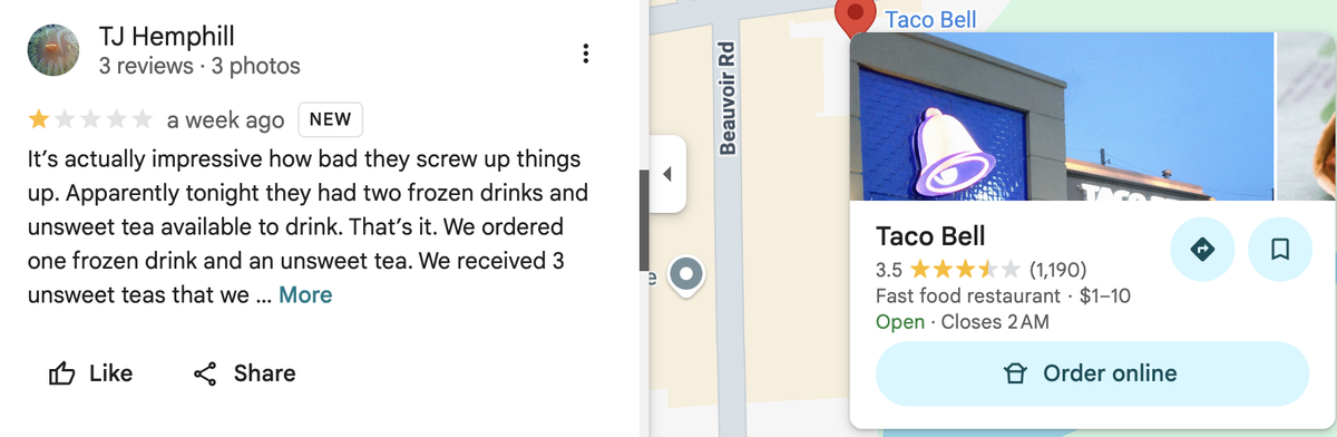 The Taco Bell at 2335 Pass Rd has a Google rating of 3.5 stars.