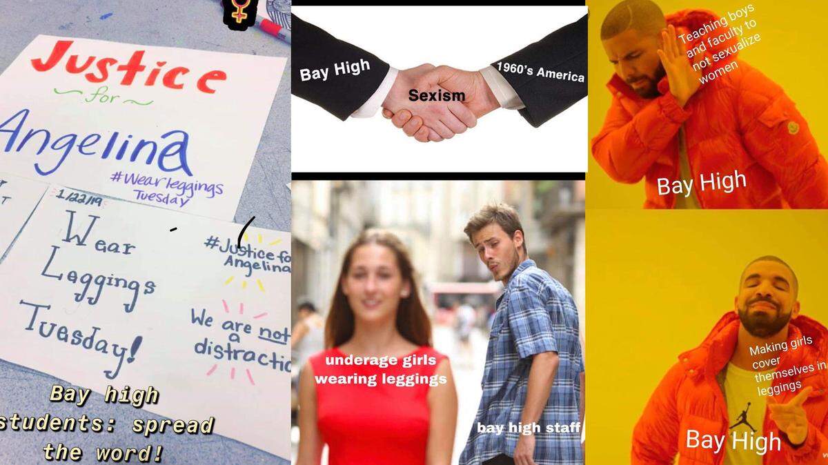 These are some of the memes Bay High students were sharing after the females were called into an assembly and told they were wearing leggings inappropriately, distracting faculty members.
