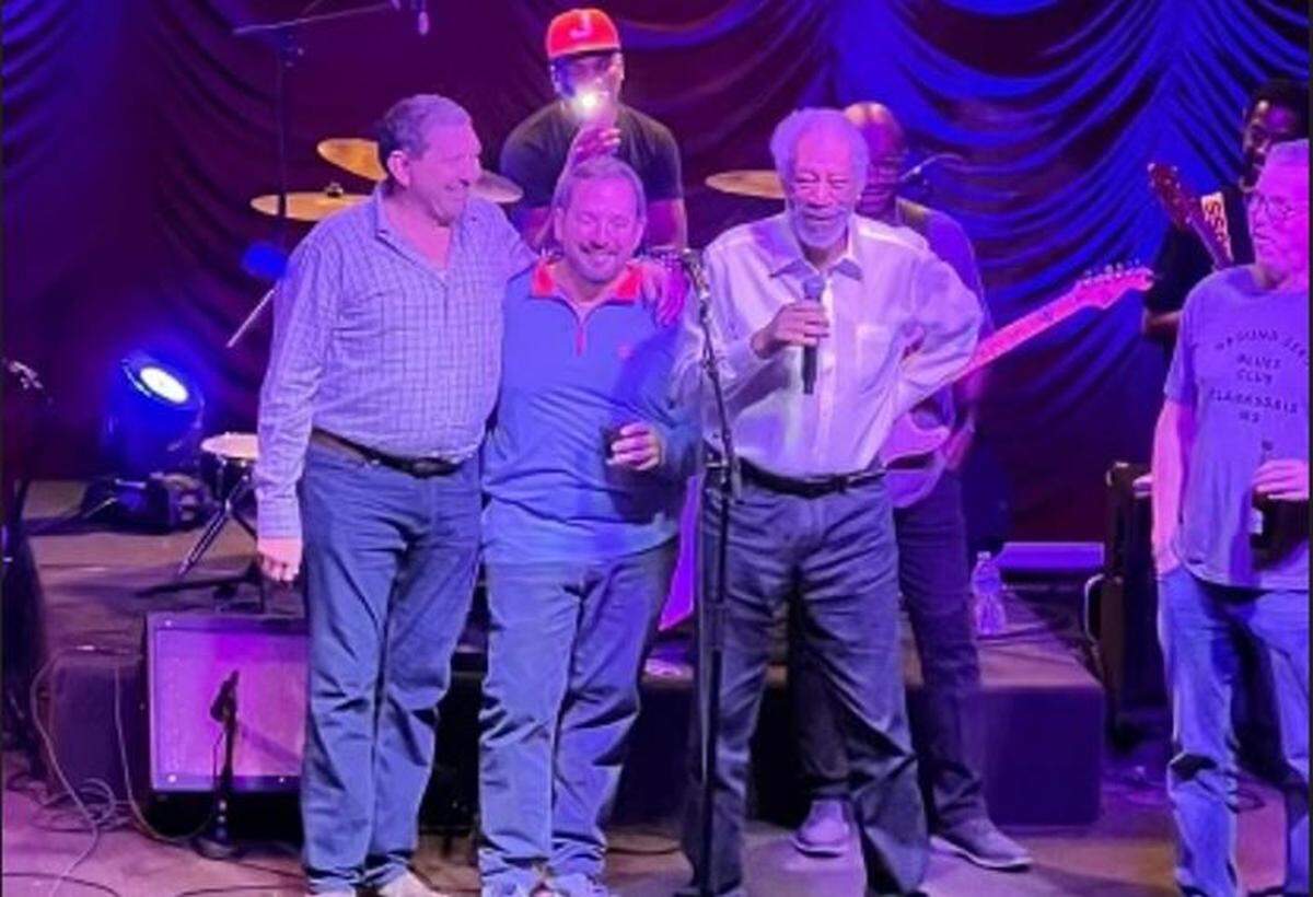 Actor Morgan Freeman, second from right, takes the stage in 2022, during a visit to his Ground Zero Blues Club in Biloxi.