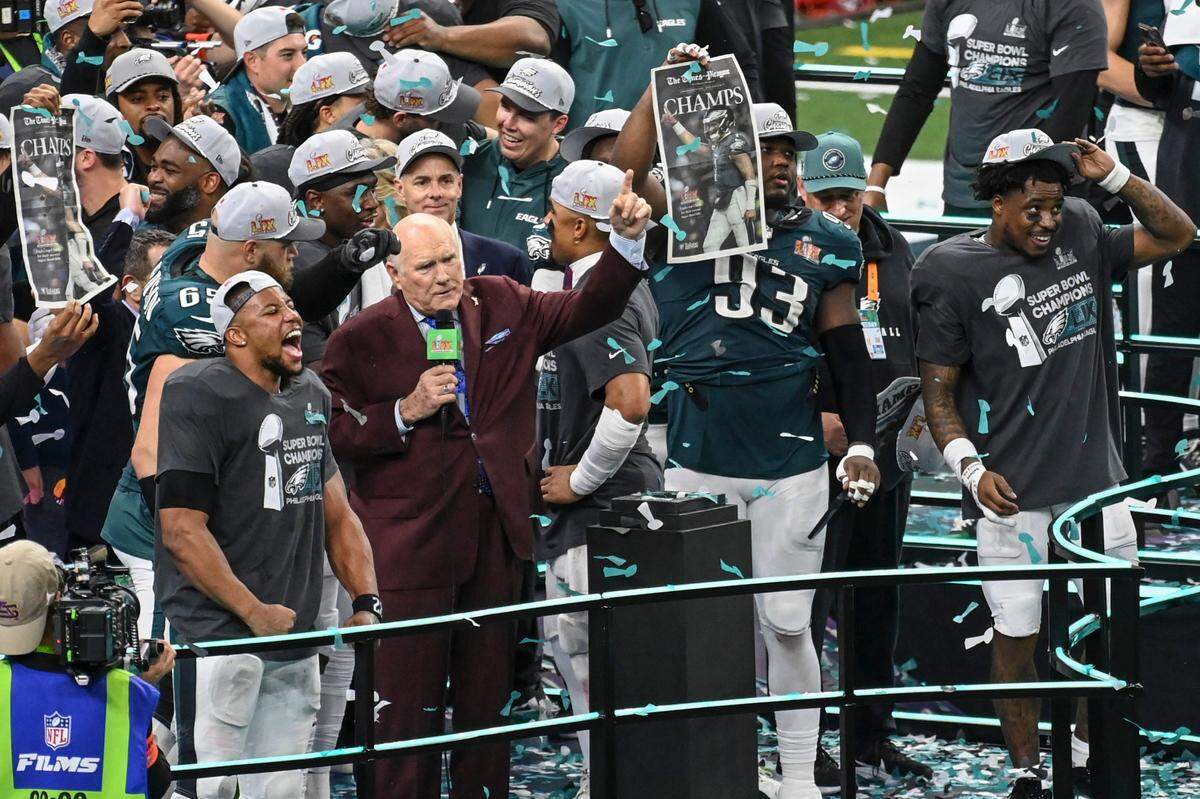 The Philadelphia Eagles celebrate their Super Bowl win at the Superdome in New Orleans on Sunday, Feb. 9, 2025.