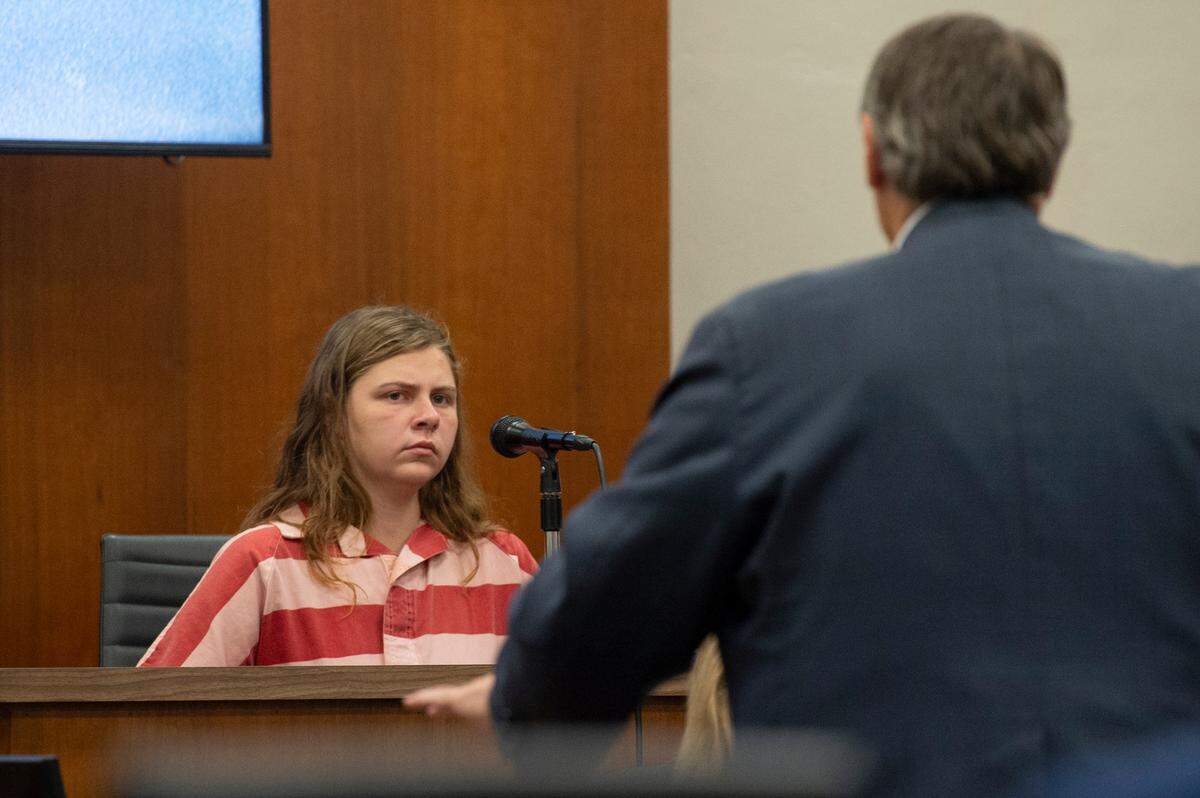Hailey Heard listens to Joseph David Heard’s attorney Donald Rafferty as she testifies in Joseph David Heard’s trial for capital murder in the death of Hayden Bataille in Harrison County Circuit Court in Biloxi on Wednesday, May 8, 2024. Hailey Heard, who is the wife of Joseph Heard, is serving a life sentence for the death of Hayden Bataille, who is her son.
